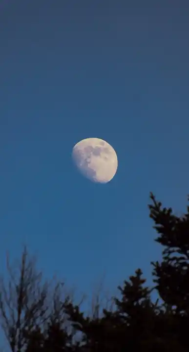 Photo de la lune texturée au crépuscule.